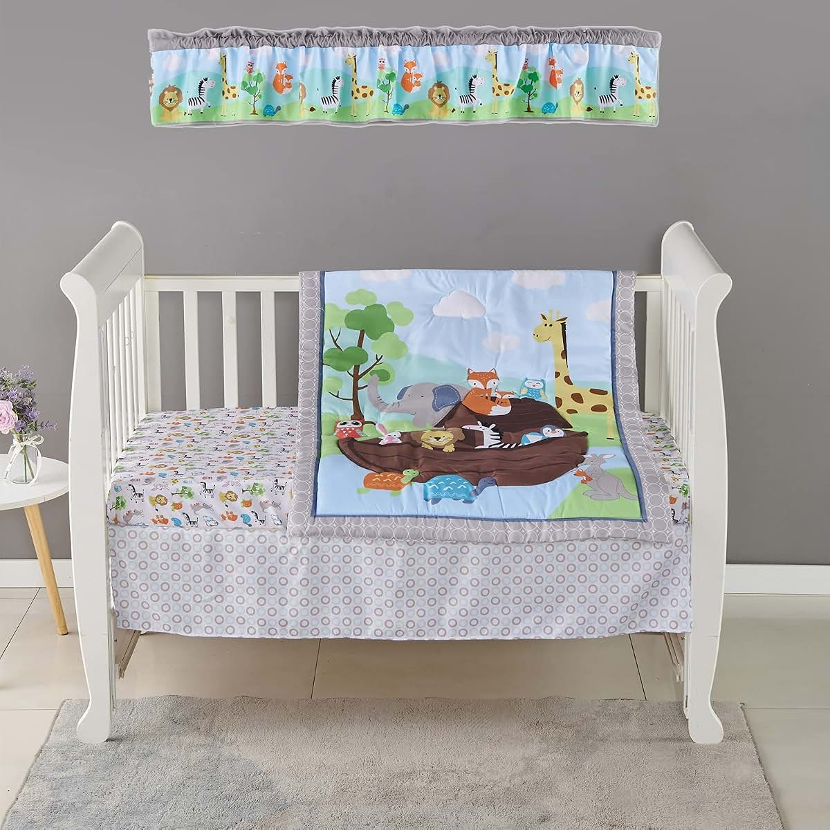 Crib Bedding Set | Noah's Ark Theme Blue Grey Animal Pattern