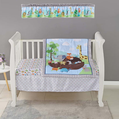Crib Bedding Set | Noah's Ark Theme Blue Grey Animal Pattern