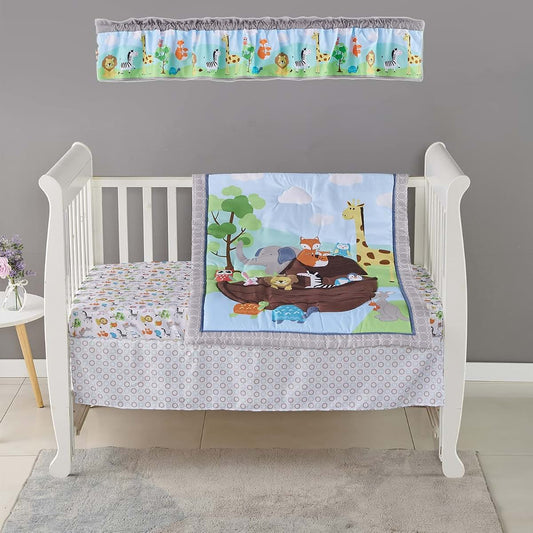 Crib Bedding Set | Noah's Ark Theme Blue Grey Animal Pattern