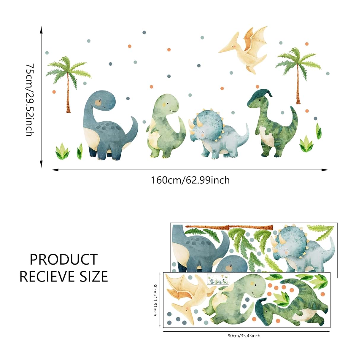Large Dinosaurs Wall Decals Green Boho Watercolor Vinyl Stickers for Nursery Kids Room