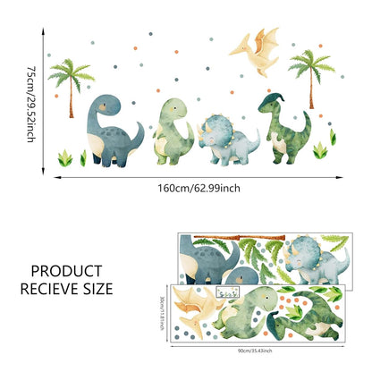 Large Dinosaurs Wall Decals Green Boho Watercolor Vinyl Stickers for Nursery Kids Room