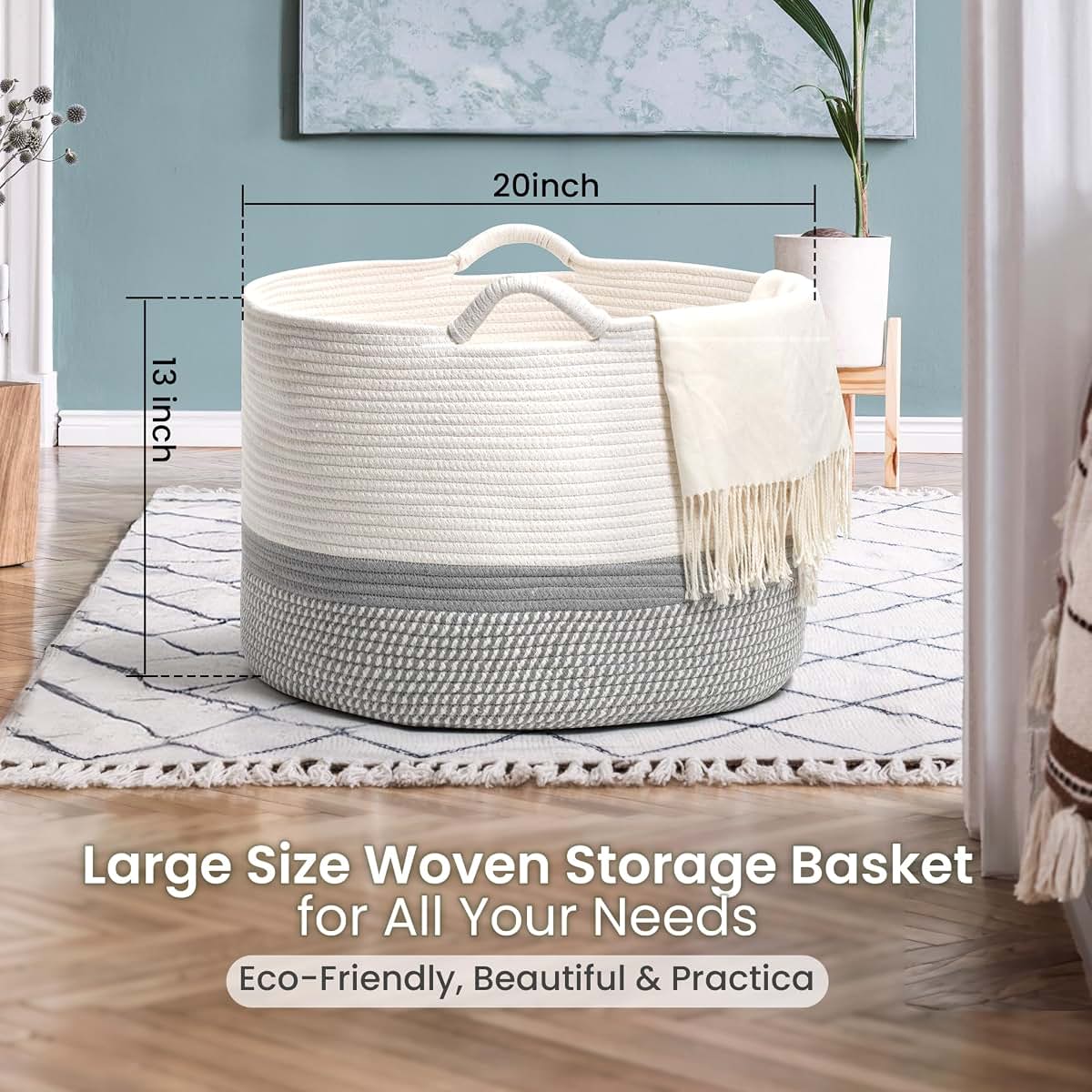 Craftizon Large Woven Cotton Rope Storage Basket with Handles - Modern Round Laundry Hamper & Blanket Organizer for (photo 3)