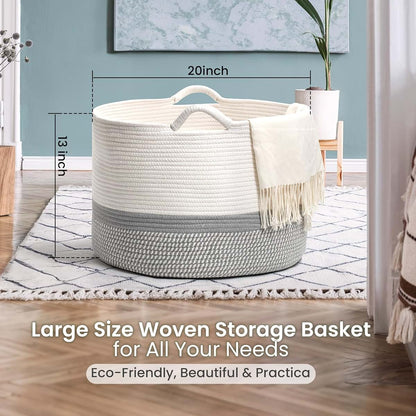 Craftizon Large Woven Cotton Rope Storage Basket with Handles - Modern Round Laundry Hamper & Blanket Organizer for (photo 3)
