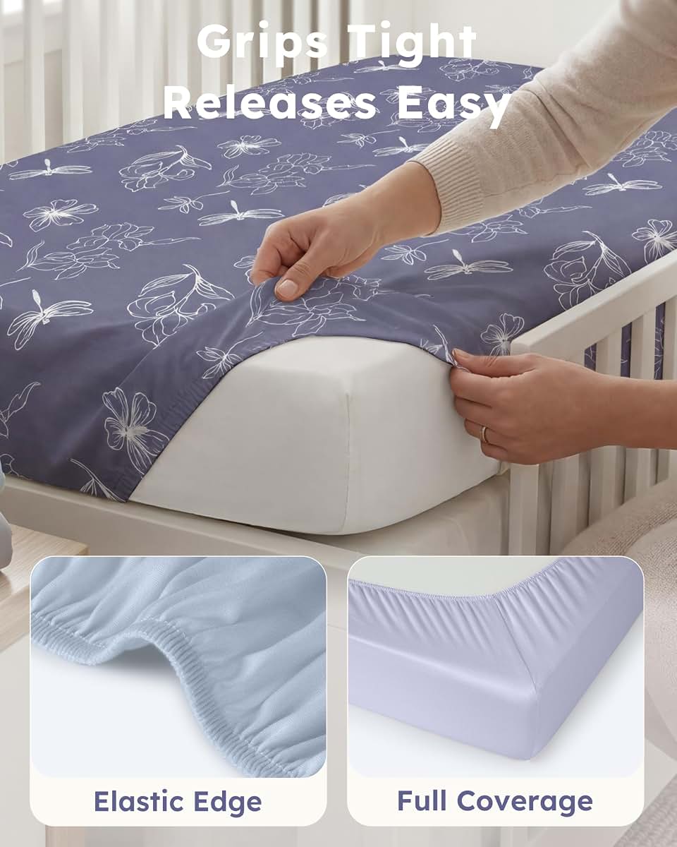 FIEMOL Baby Crib Sheets for Girls, 4 Pack Fitted Toddler Bed Sheets for 52"x28" Mattress, Soft Microfiber Blue Purple Flower