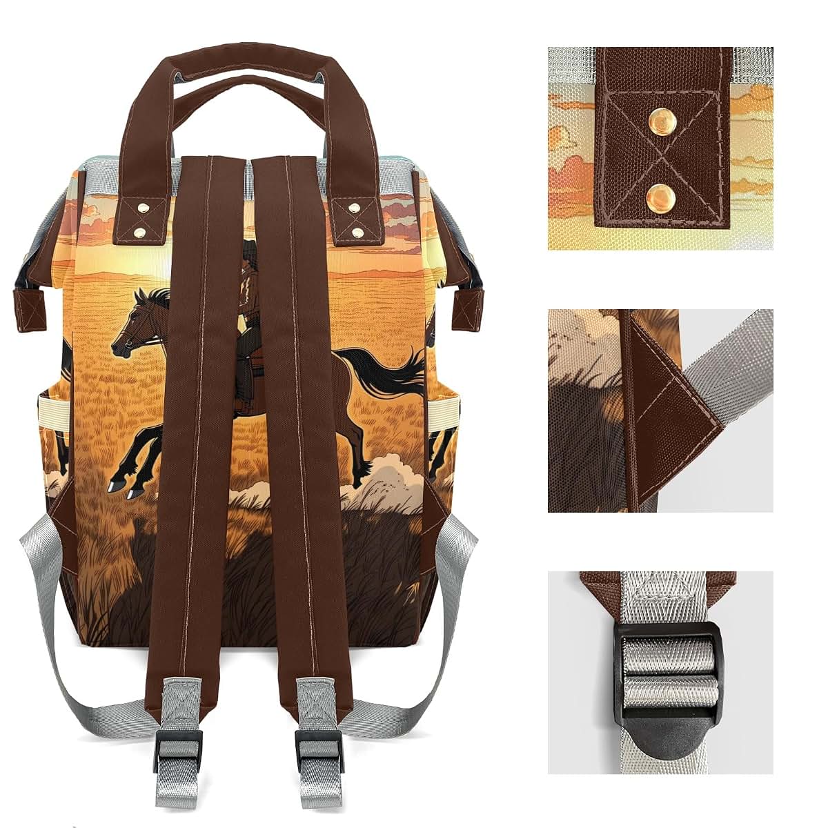 YallLocoMo Personalized Diaper Bag Backpack Gift CowGirl Sunset Horse Cute Versatile Travel Bag: Large Capacity & (photo 4)
