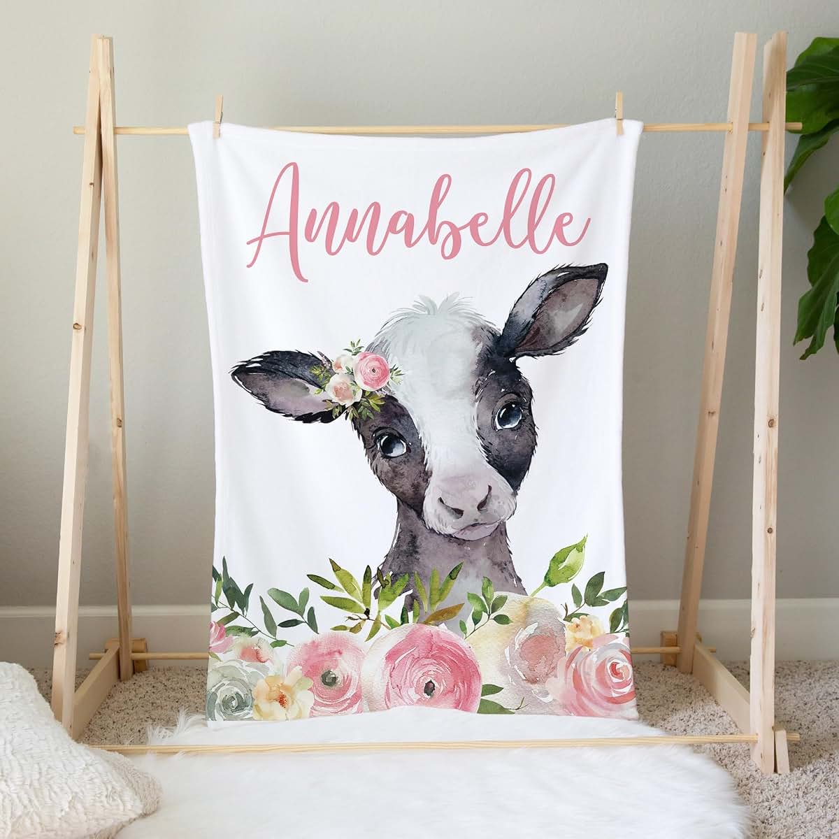UnoCo Cow Blanket, Personalized Floral Throw, Girl Nursery, Crib Bedding, Gift (photo 4)
