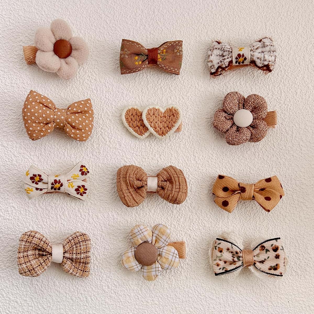 EleMirsa 12pcs Girl's Brown Bow Fabric Snap Hair Clips Set