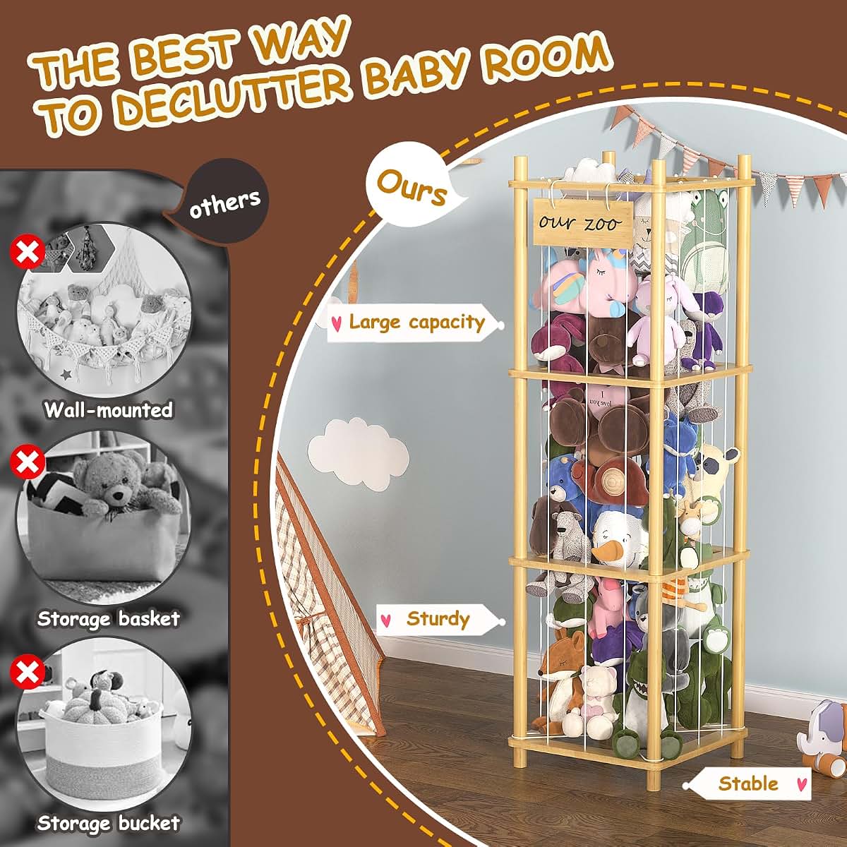 Bamboo Stuffed Animal Storage Zoo - Large Toy Organizer for Playroom