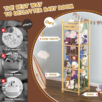 Bamboo Stuffed Animal Storage Zoo - Large Toy Organizer for Playroom