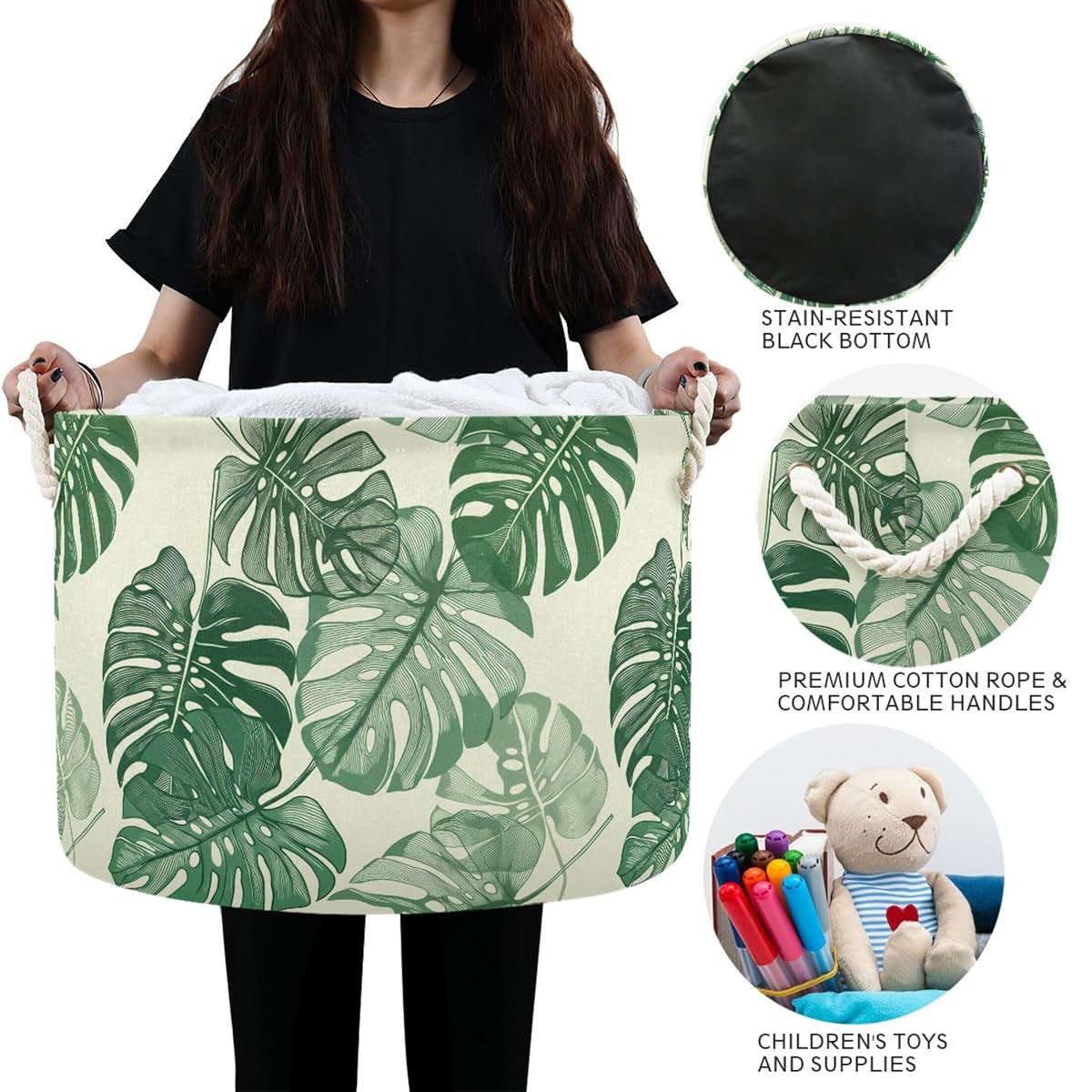 Burbuja Monstera Leaves Round Storage Basket With Cotton Rope Handles