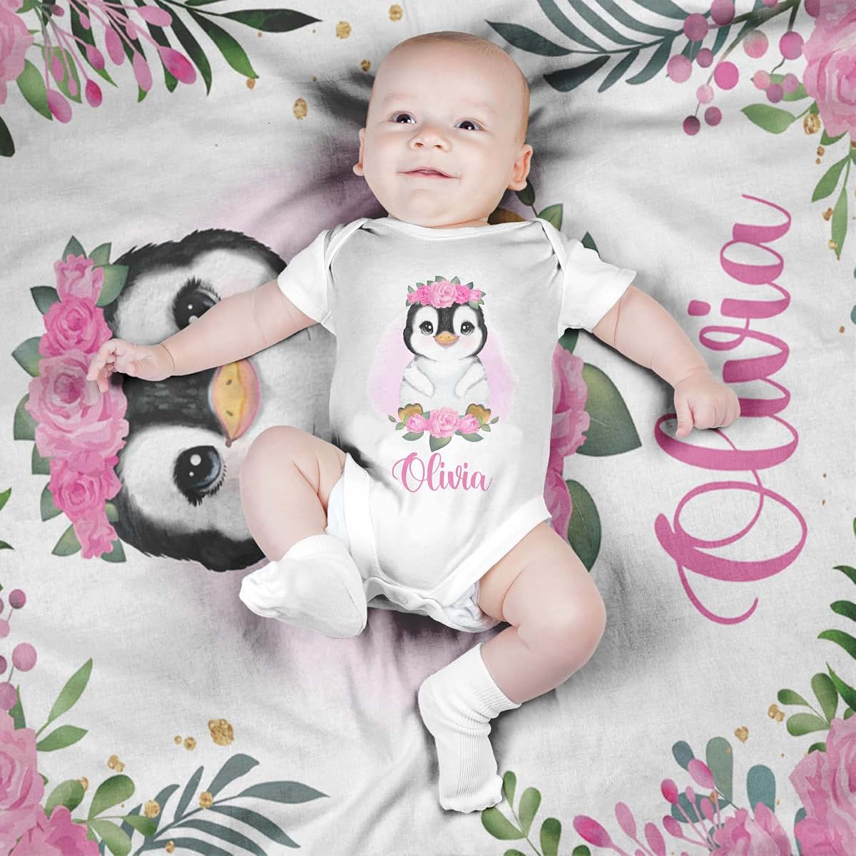 Voz Personalized Baby Blankets with Name, Customized for Girls- Penguin Blanket, Best Gift Baby, New Mom, Newborn, 30 x (photo 2)
