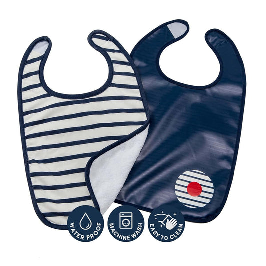BabyToLove Set of 2 Bibs | Soft & Waterproof with a Hook & Loop Closure | Infant & Toddler Mealtimes | Blue Stripes