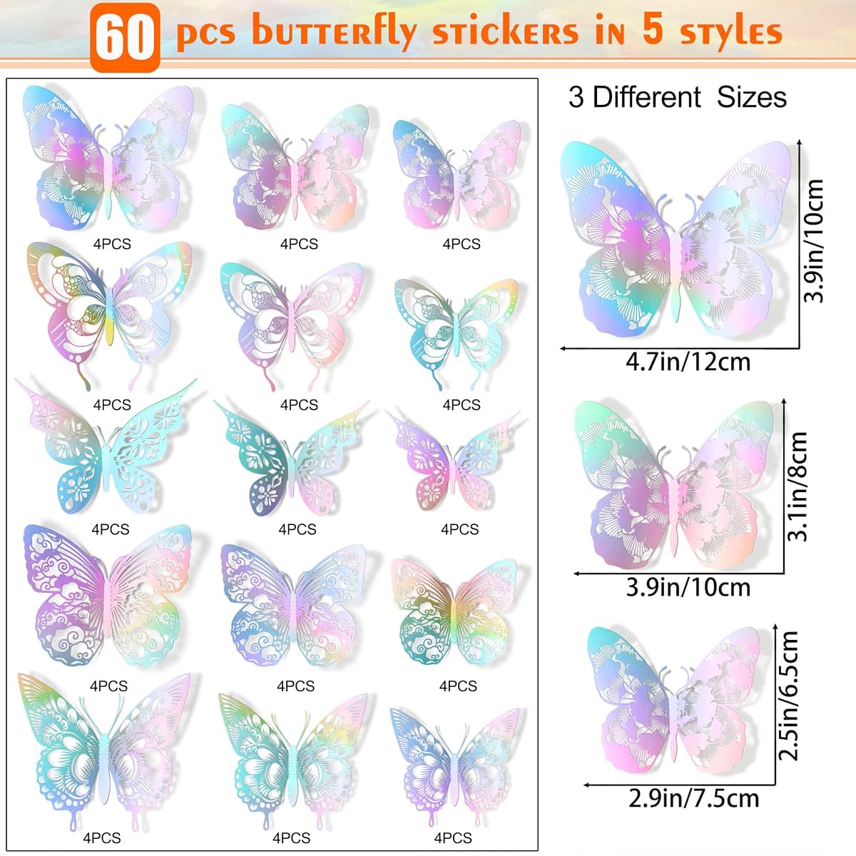 60 Pieces Vintage Hollow Butterfly Wall Decals 3D Laser Removable