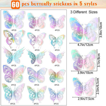 60 Pieces Vintage Hollow Butterfly Wall Decals 3D Laser Removable