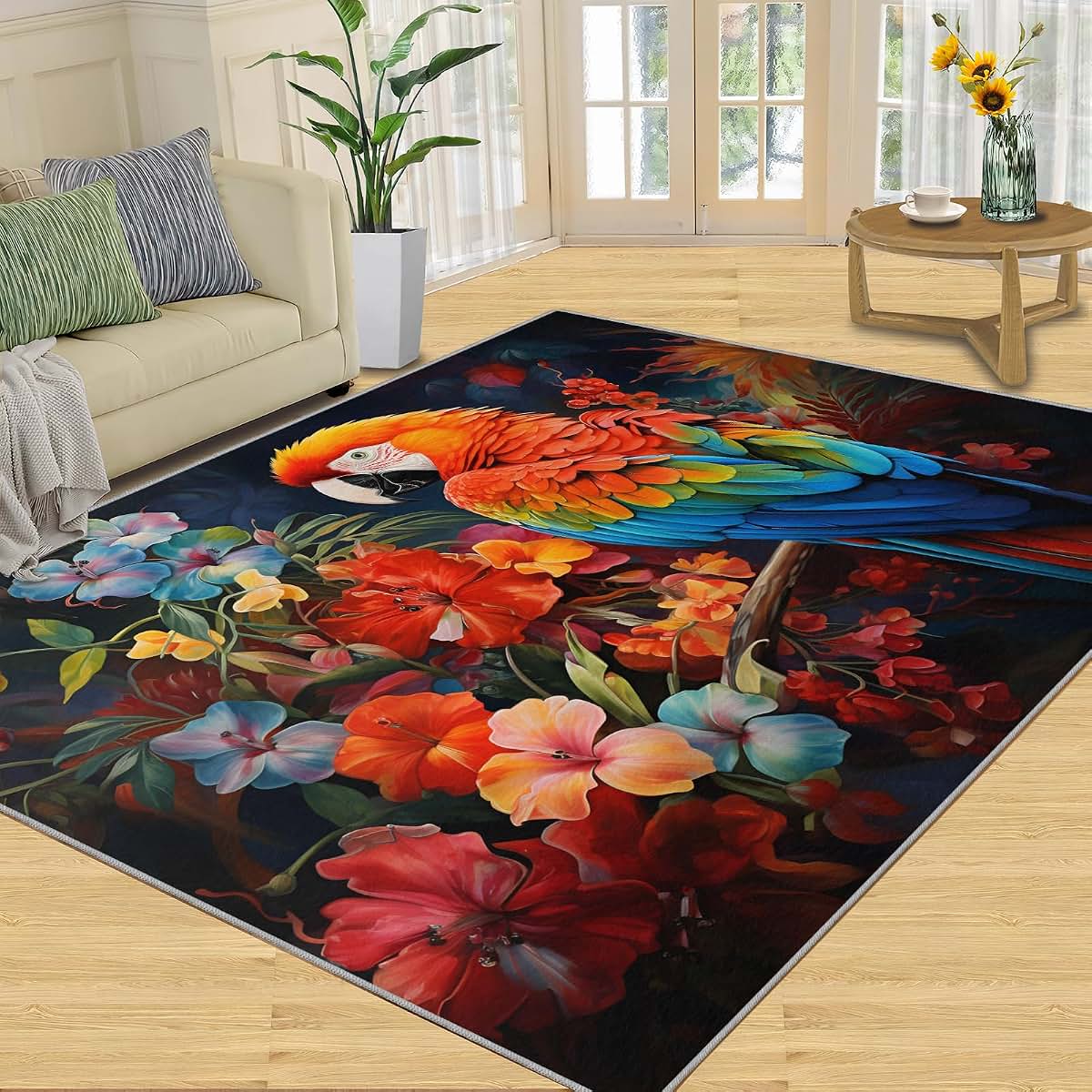 HYGIUID 4x5 Macaw Area Rugs - Parrot Rug for Entryway, Tropical Avian Washable Entry Way Rugs Kids Carpet for Inside