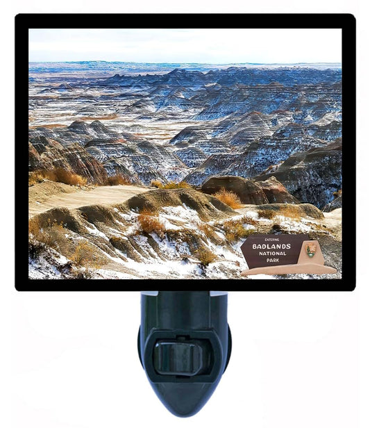 Night Light Designs Badlands National Park Night Light – Landscape Design, Fully Enclosed, Rotating Plug, Glass Front