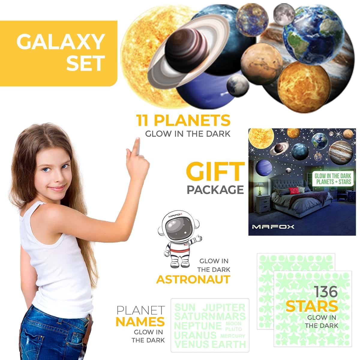 MAFOX Glow in The Dark Planets, Bright Solar System Wall Stickers -Sun Earth Mars and so on,9 Glowing Ceiling Decals