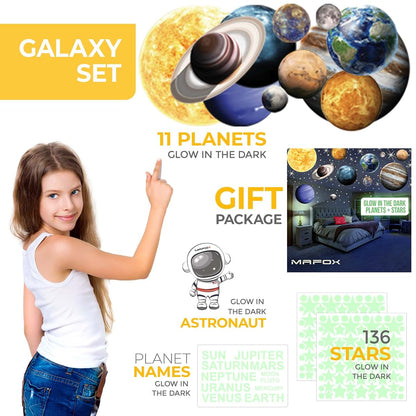 MAFOX Glow in The Dark Planets, Bright Solar System Wall Stickers -Sun Earth Mars and so on,9 Glowing Ceiling Decals