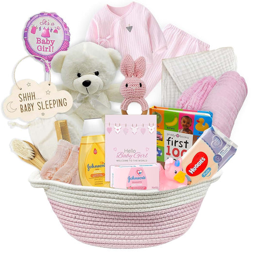 Beyond The Box New Baby Girl Gift Basket | Unique Gift Set for a new mom Pink Baby Gift Set. Welcome Baby Care Package