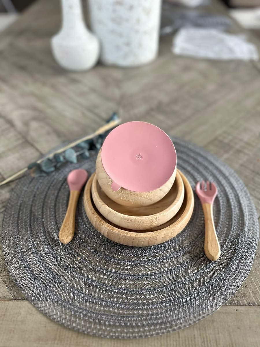 Sincerely Enzi Bamboo Suction Bowls for Baby, Wooden Toddler Bowls, 5-Pc Bowl and Utensil Feeding Set (Pink) (photo 4)