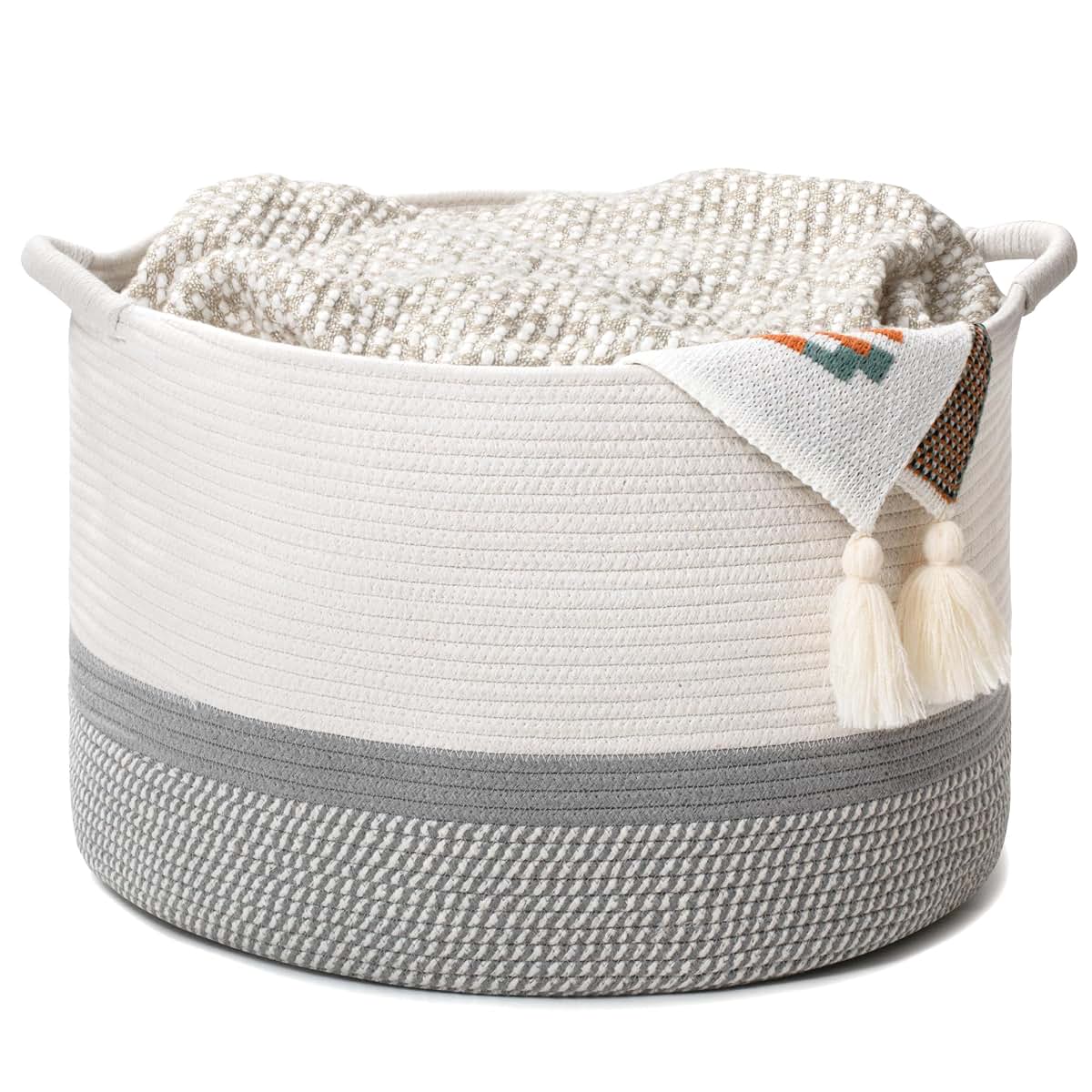 Craftizon Large Woven Cotton Rope Storage Basket with Handles - Modern Round Laundry Hamper & Blanket Organizer for