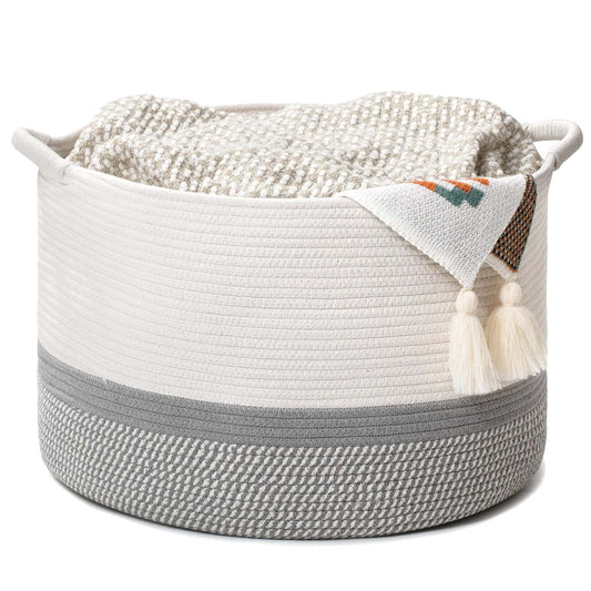 Craftizon Large Woven Cotton Rope Storage Basket with Handles - Modern Round Laundry Hamper & Blanket Organizer for