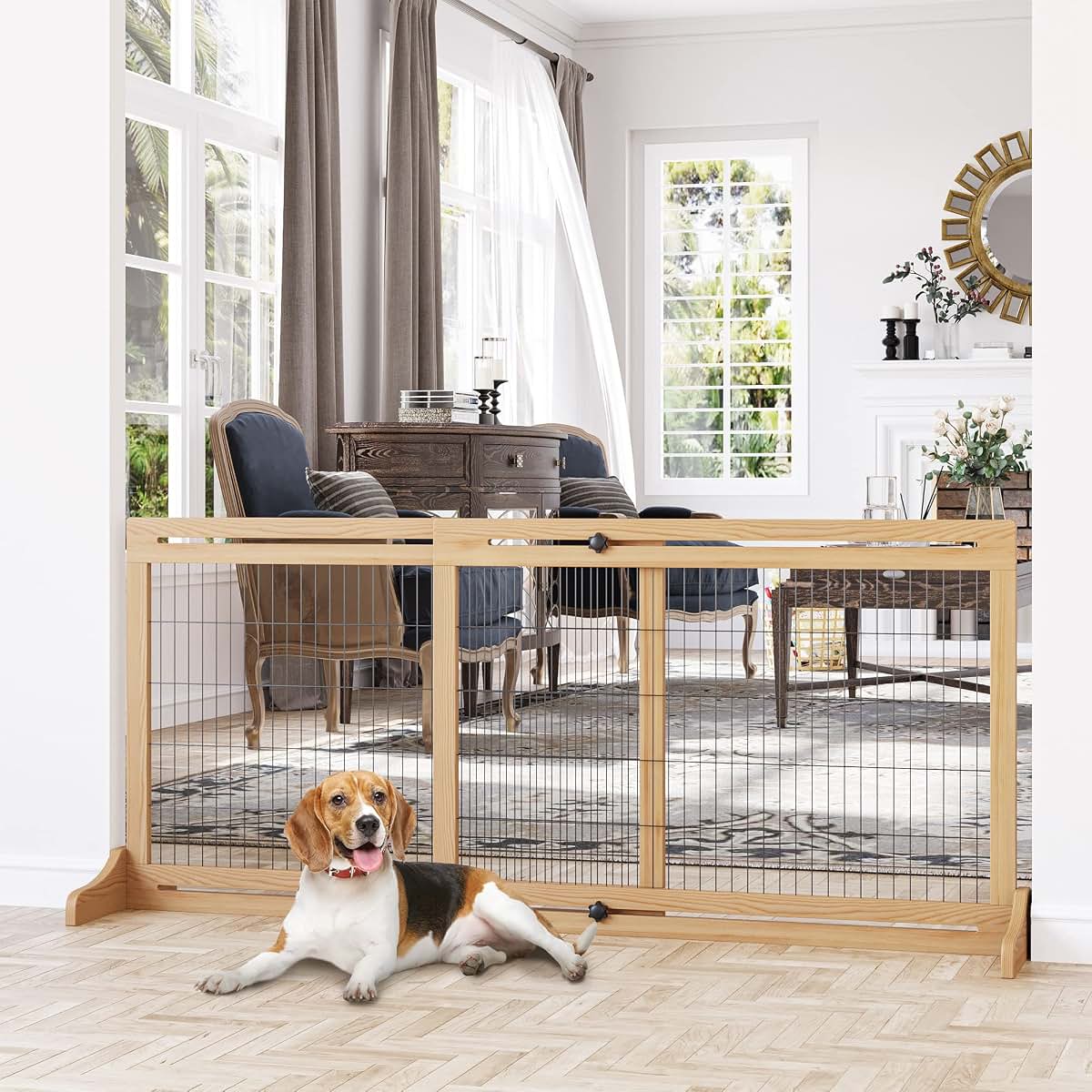 Kaimei Adjustable Freestanding Wood Pet Gate with Wire Mesh