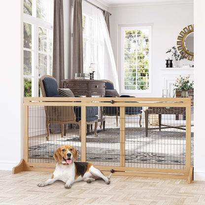 Kaimei Adjustable Freestanding Wood Pet Gate with Wire Mesh