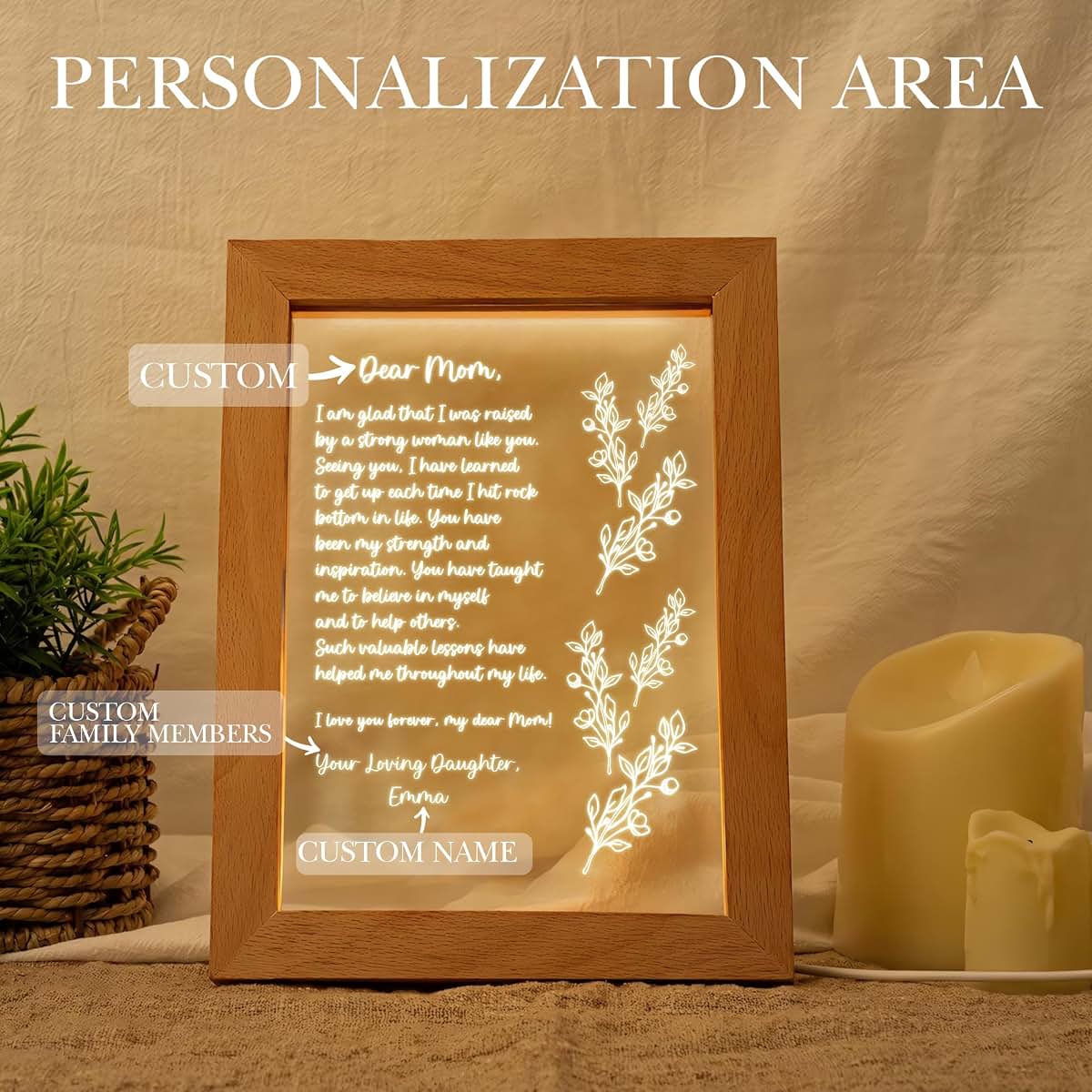 Fastpeace Perrsonalized LED Light Frame with Heartfelt Message for Mom, Letter For Mom Floral Design Wooden Frame (photo 4)