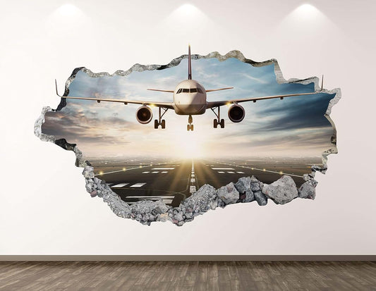 West Mountain Landing Airplane Wall Decal Art Decor 3D Smashed Airport Plane Sticker Poster Kids Room Mural Custom Gift
