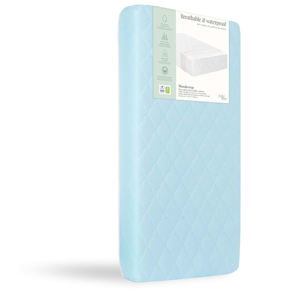 Evolur Wondernap Baby Mattress in Blue, Fits All Standard Cribs and Toddler Beds, Dual Sided Support, Green Guard Gold