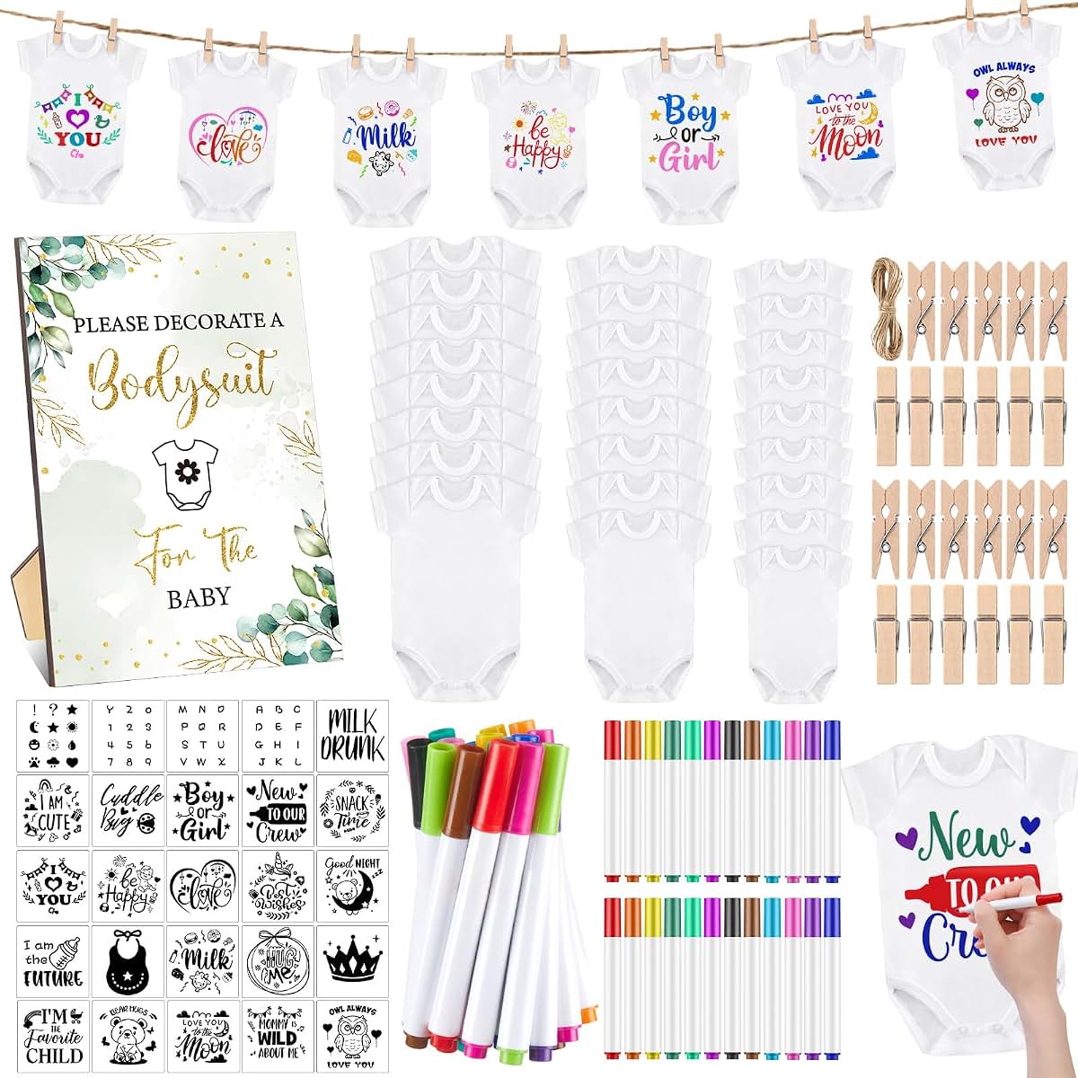 Panitay Baby Shower DIY Bodysuit Set with 25 Bodysuits, 25 Stencils, 24 Markers and Wooden Game Sign