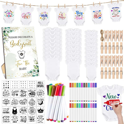 Panitay Baby Shower DIY Bodysuit Set with 25 Bodysuits, 25 Stencils, 24 Markers and Wooden Game Sign