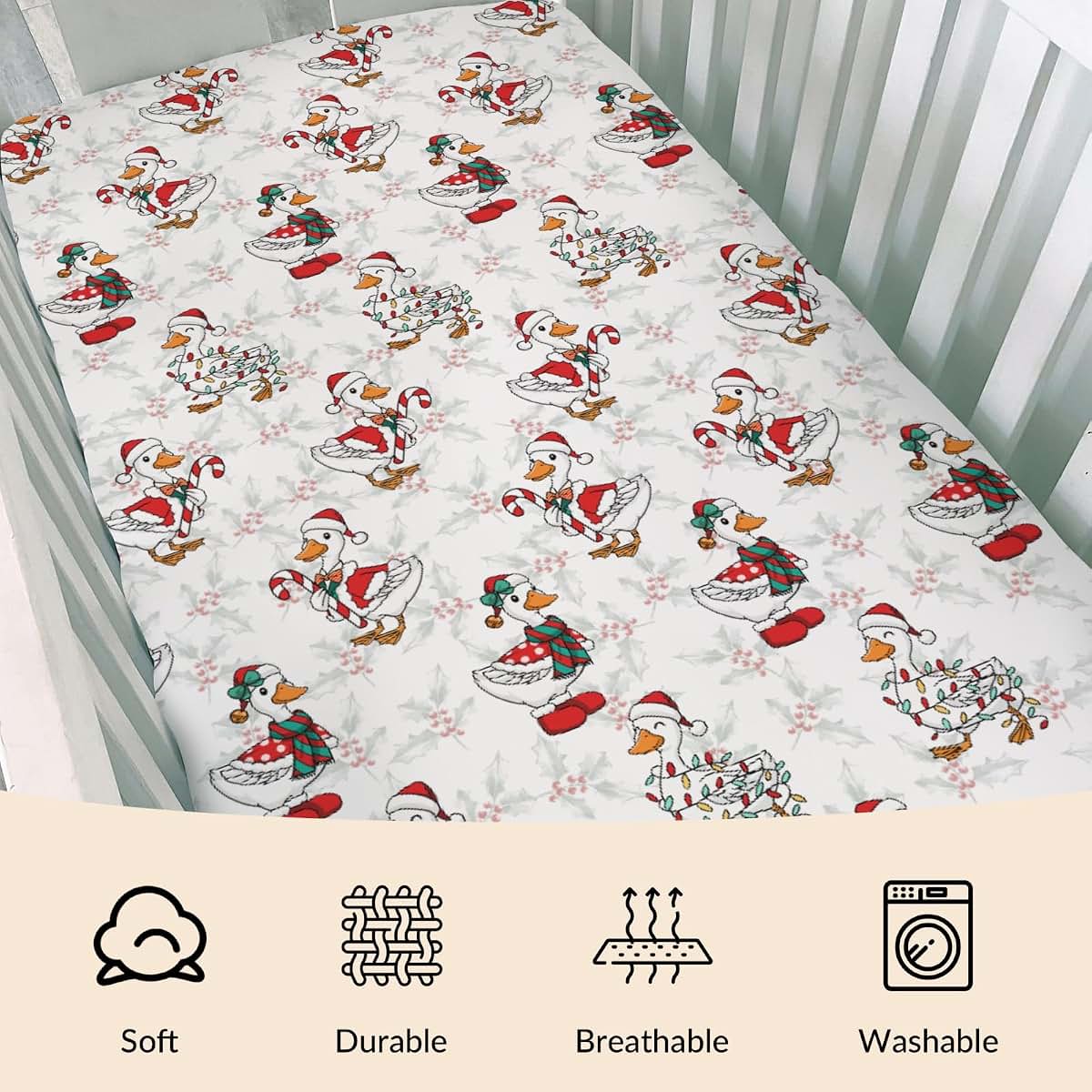 Cstdyfrv Funny Christmas Geese Santa Hat Baby Crib Sheets Winter Holiday Duck Toddler Bed Sheets Cute Festive Farm (photo 3)