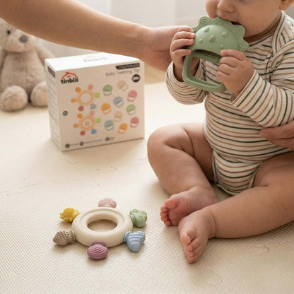 TINBLII Baby Teething Toys 2 Pack, Dinosaur Mitten Teether and Ring Sun Teether with 6 Chewing Points, Silicone Chew (photo 2)