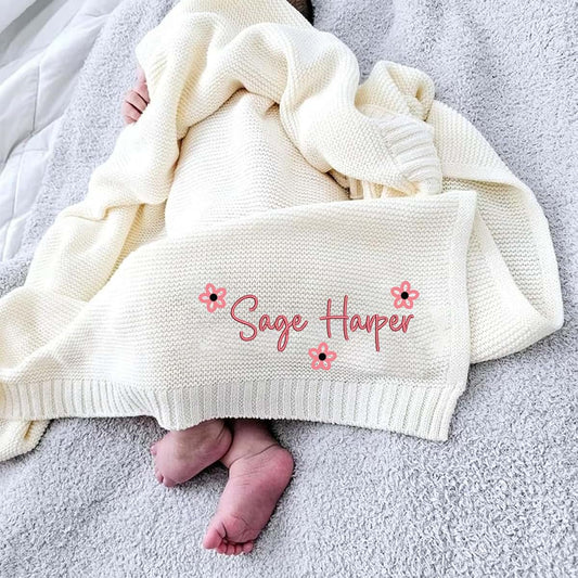 Noni Luxury Personalized Baby Blanket, Soft Breathable Cotton Knit, Custom Embroidered Name Blanket, Newborn Baby Gift