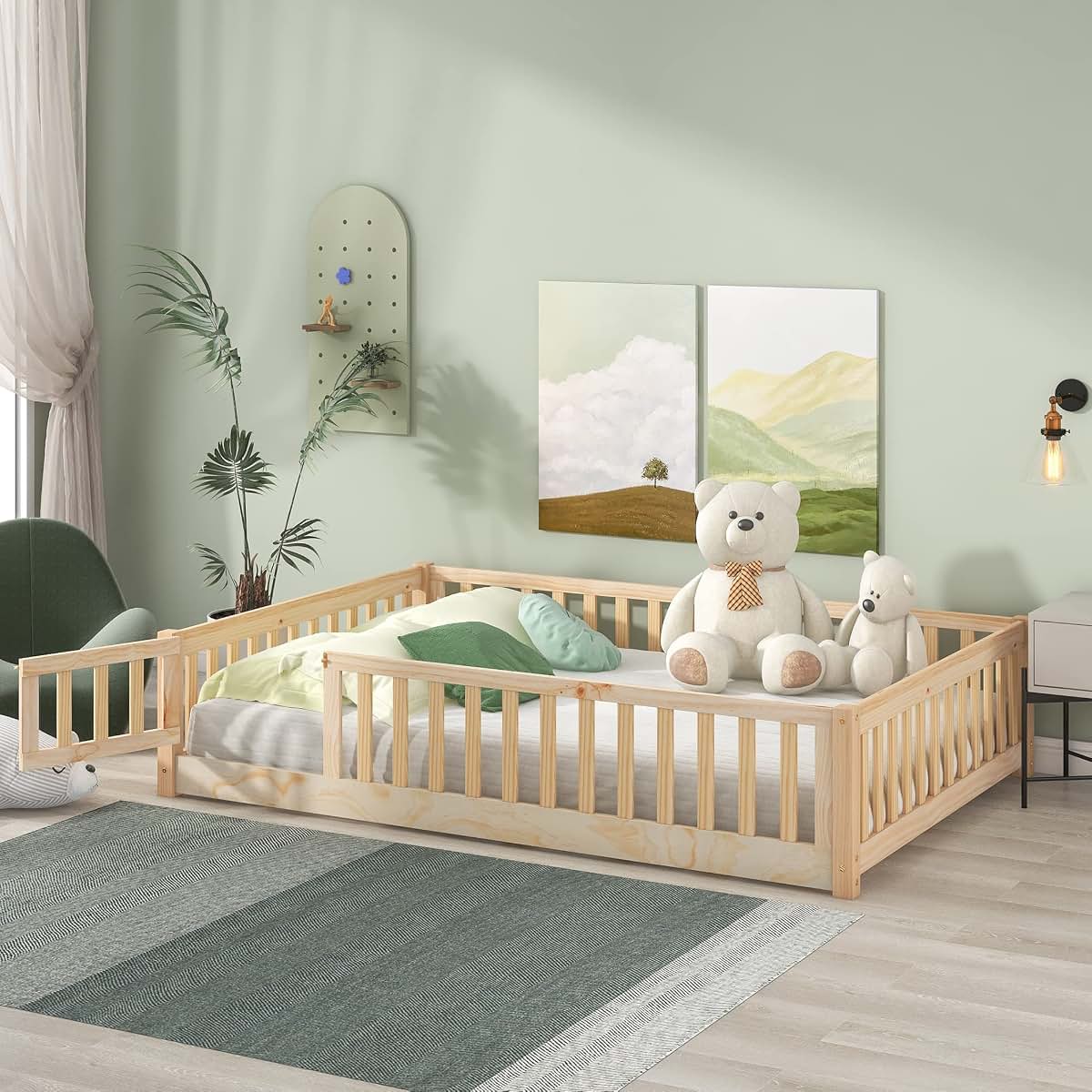 NCKMYB Full Size Toddlers Montessori Bed with Fence, Wooden Floor Bed Playpen with Doors, Kids Play Bed with Guardrails
