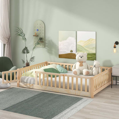 NCKMYB Full Size Toddlers Montessori Bed with Fence, Wooden Floor Bed Playpen with Doors, Kids Play Bed with Guardrails