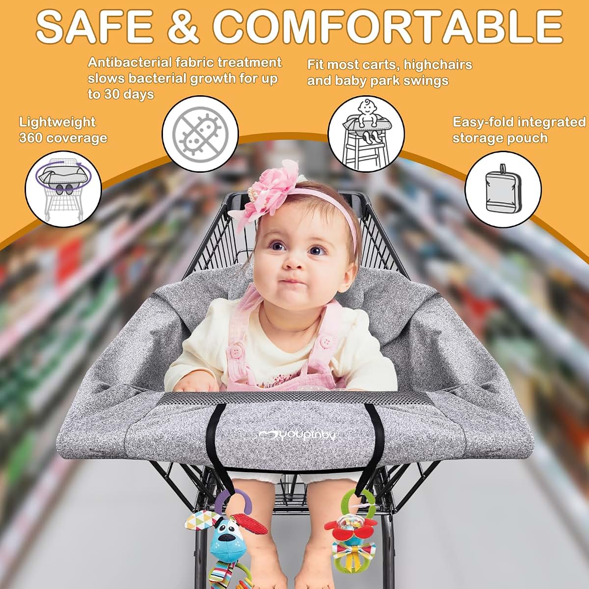 BabyOneStop 2-in-1 Shopping Cart Cover and High Chair Cover for Baby, Cotton, Machine Washable, Gray