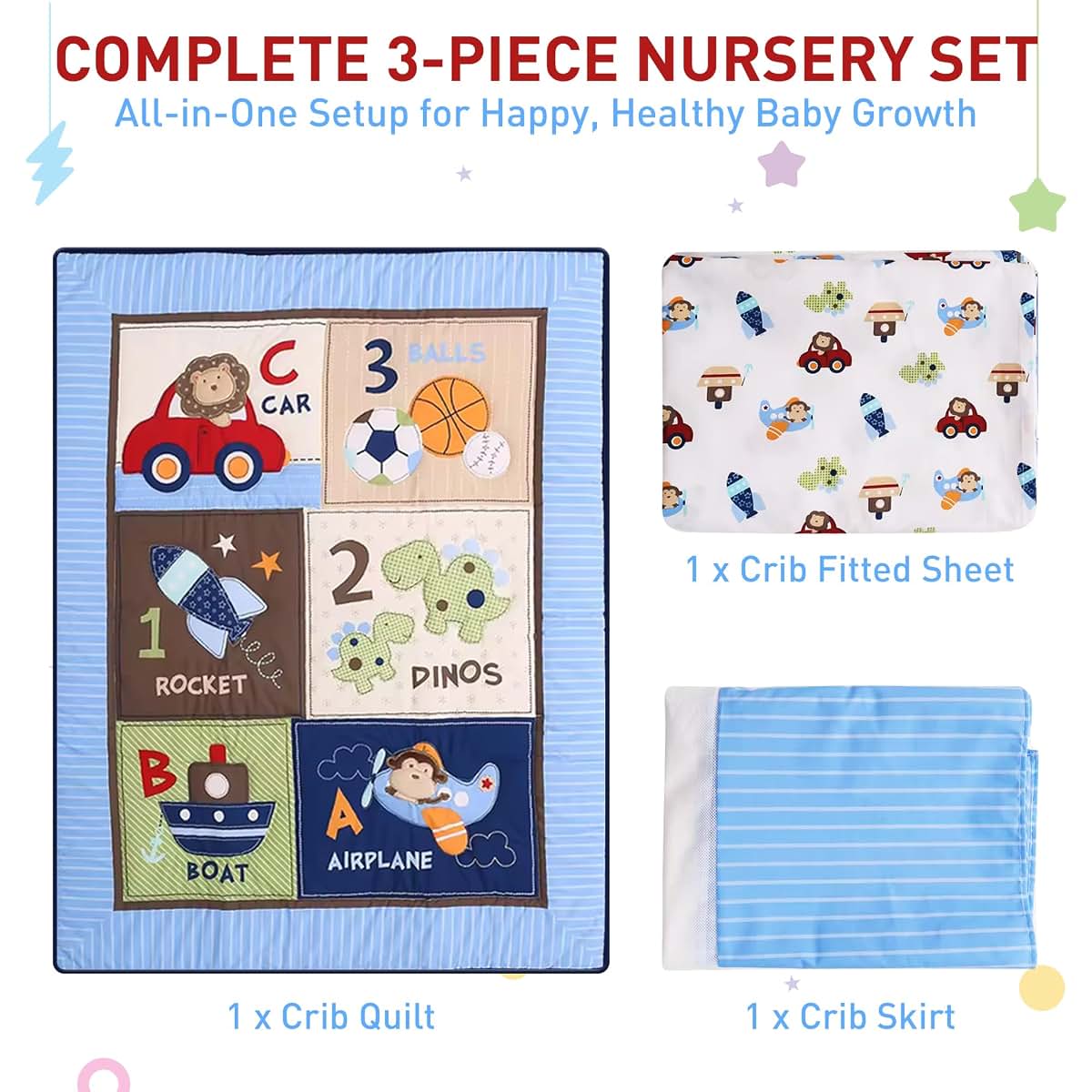 AURAHOMEANDNEST 3-Piece Baby Crib Bedding Set with Safari and Dinosaur Designs (photo 4)