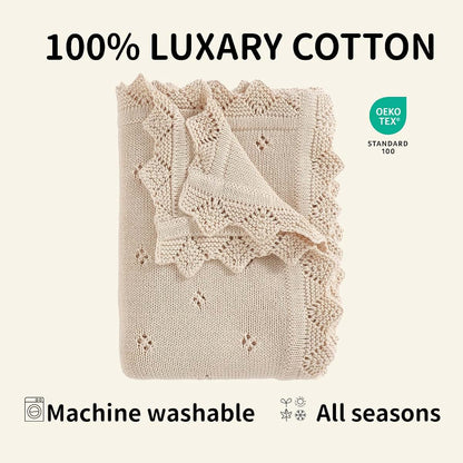 mimixiong Cotton Baby Blanket Knitted Crochet Swaddle 30x40 Inch Oatmeal