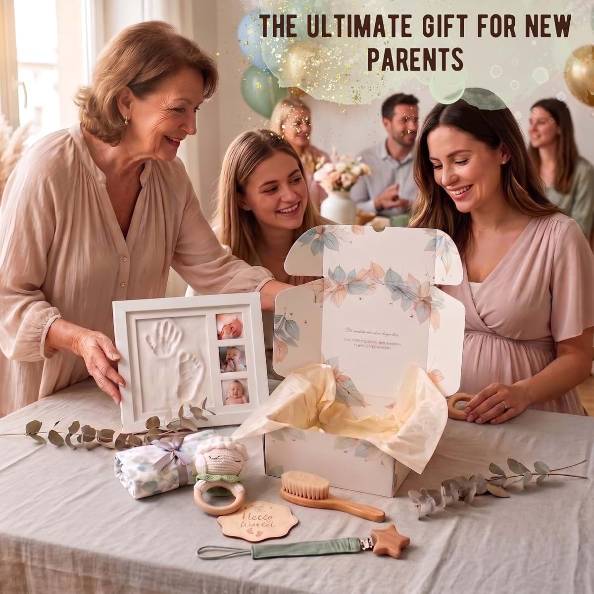 LUMS Baby Gift Basket – Newborn Gift Set 6 Pieces: Bamboo Blanket, Footprint Frame, Rattle, Comb, Pacifier Clip & (photo 2)