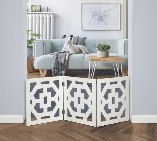 Etna Products 3-Panel Solid Wood Pet Gate - White Art Deco Design