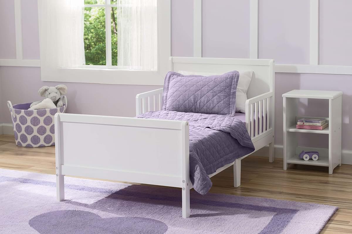 Delta Children Fancy Wood Toddler Bed with Guardrails, Low Profile, Bianca