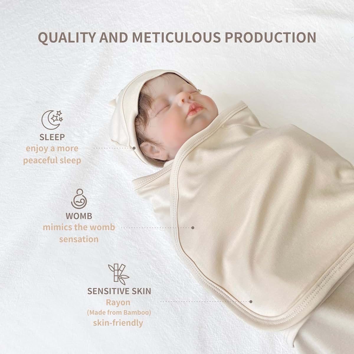 Blesbibi 0‑3M Newborn Bamboo Rayon Swaddle Gift Set, Hat & Anti‑Scratch Mittens (photo 3)