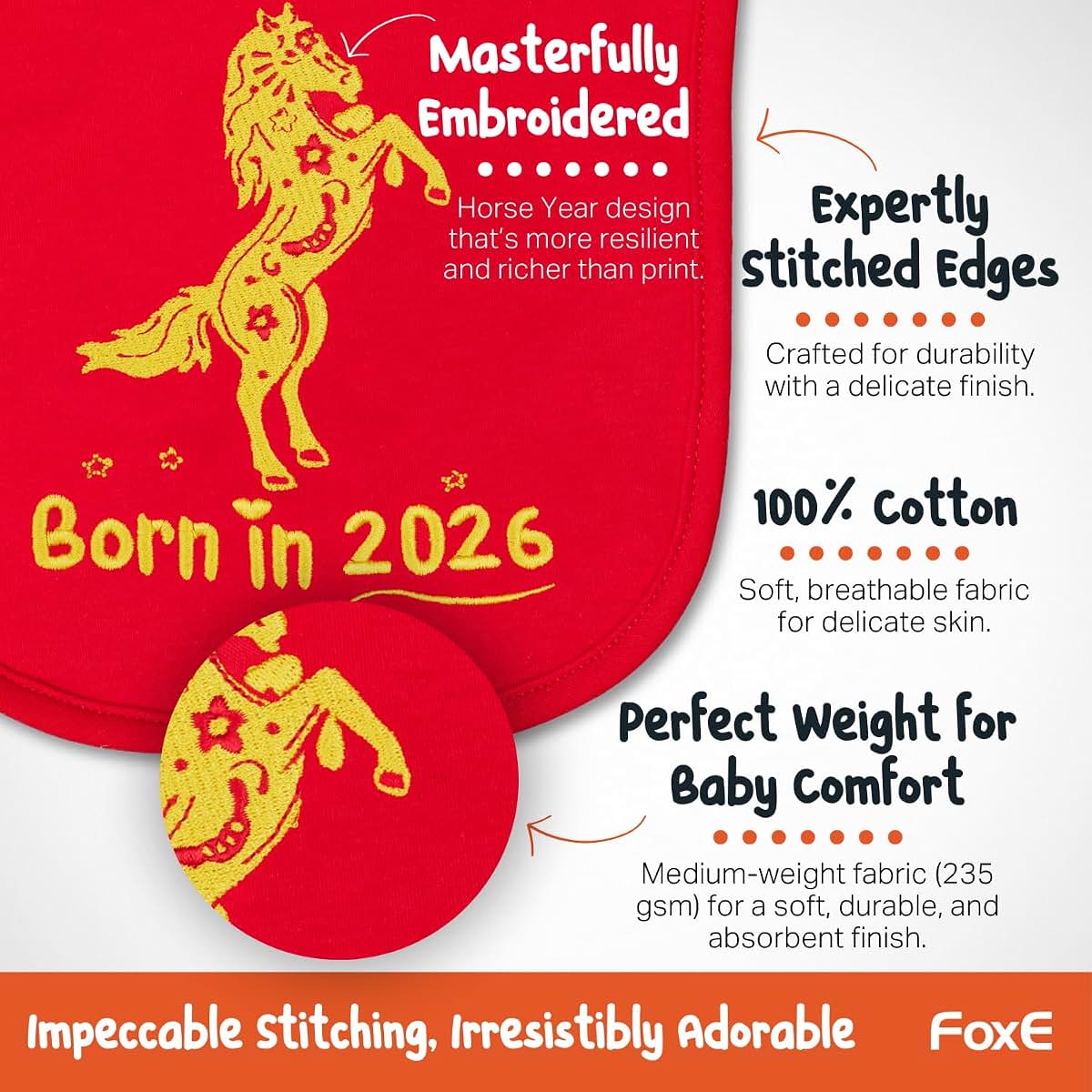FoxE Year Of The Horse 2026 Baby Gift Set With Bib, Beanie, And Plush Toy