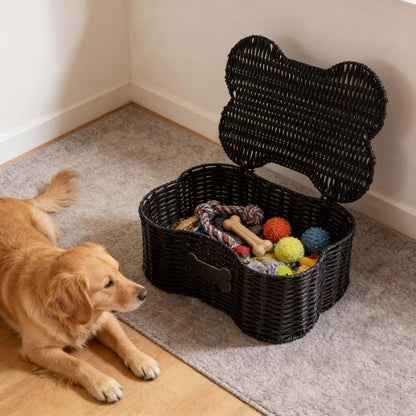 Brabtod Poly Wicker Dog Toy Basket With Lid And Name Tag