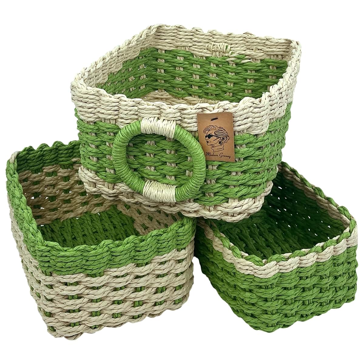 Modern Granny 2-Toned Recycled Paper Rope Storage Baskets Set of 3 Boho Organizer Bins