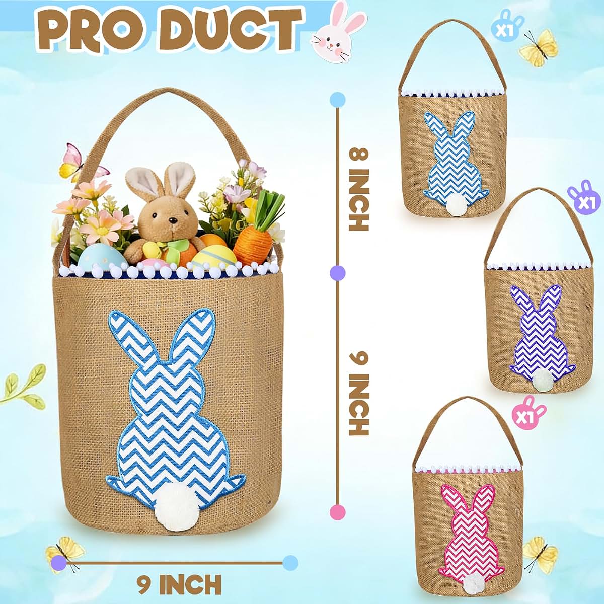Turnmeon 3 PCS Easter Bunny Basket Set Linen Polyester Kids Tote Bags