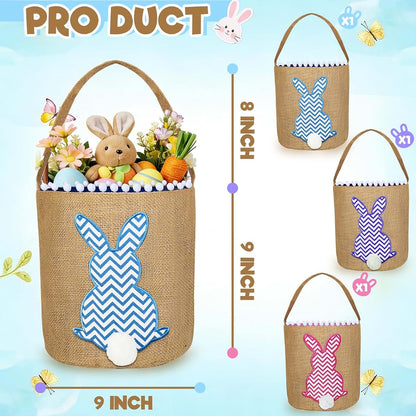 Turnmeon 3 PCS Easter Bunny Basket Set Linen Polyester Kids Tote Bags